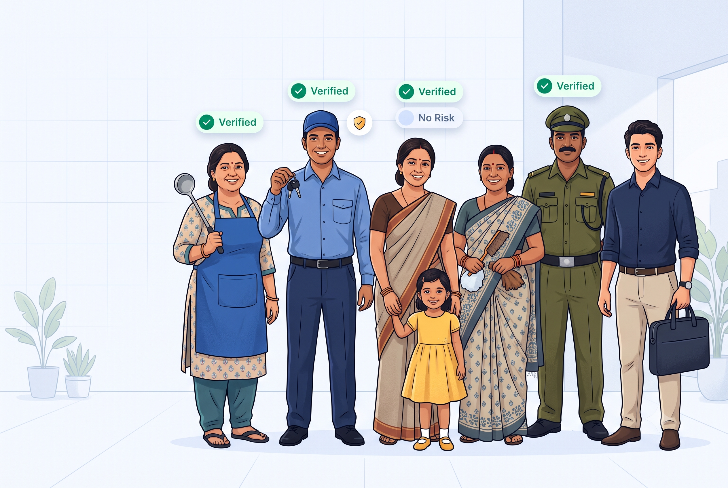 Verified domestic workers, drivers and service professionals — cook, driver, nanny, maid, security guard and office professional, each marked Verified / No Risk